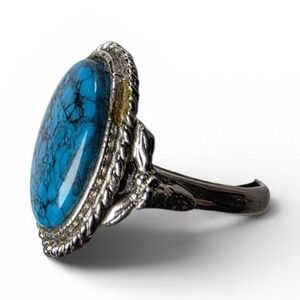 Vintage Adjustable Silver Tone Ring Blue Oval Turquoise Bezel Set Stone Size 10